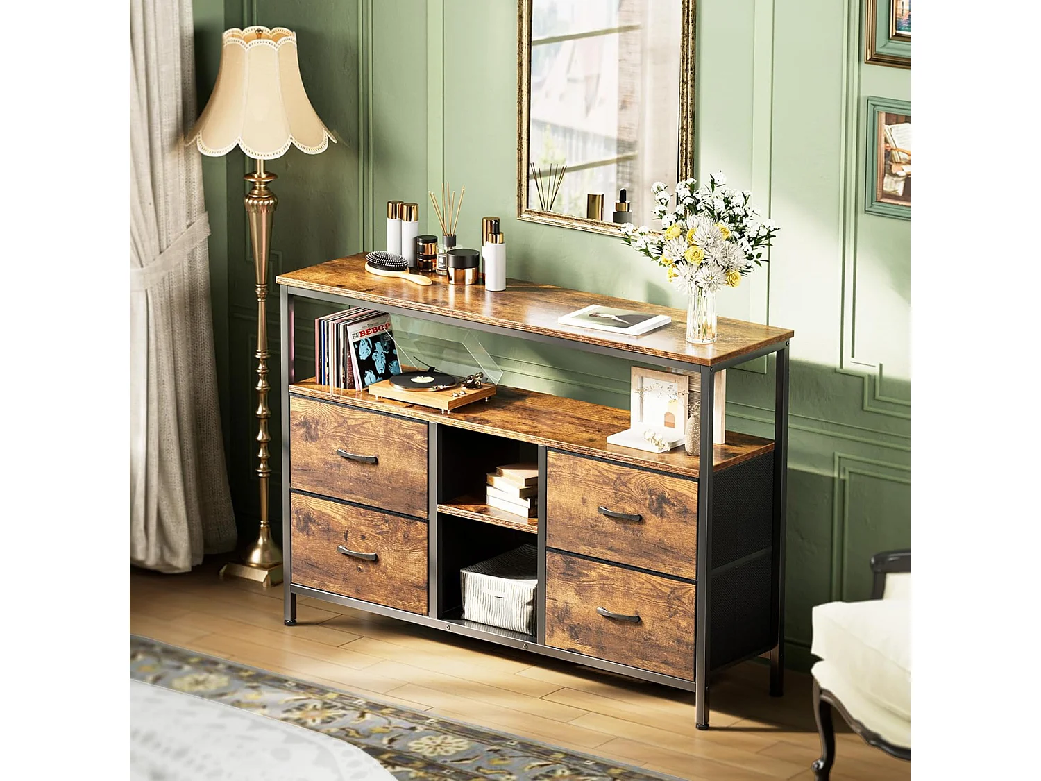 LED TV-meubel met 4 lades, 137x30x78cm Retro TV-meubel Dressoir, Lade in tijgerhuidkleur