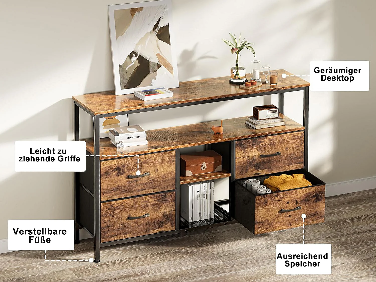 LED TV-meubel met 4 lades, 137x30x78cm Retro TV-meubel Dressoir, Lade in tijgerhuidkleur