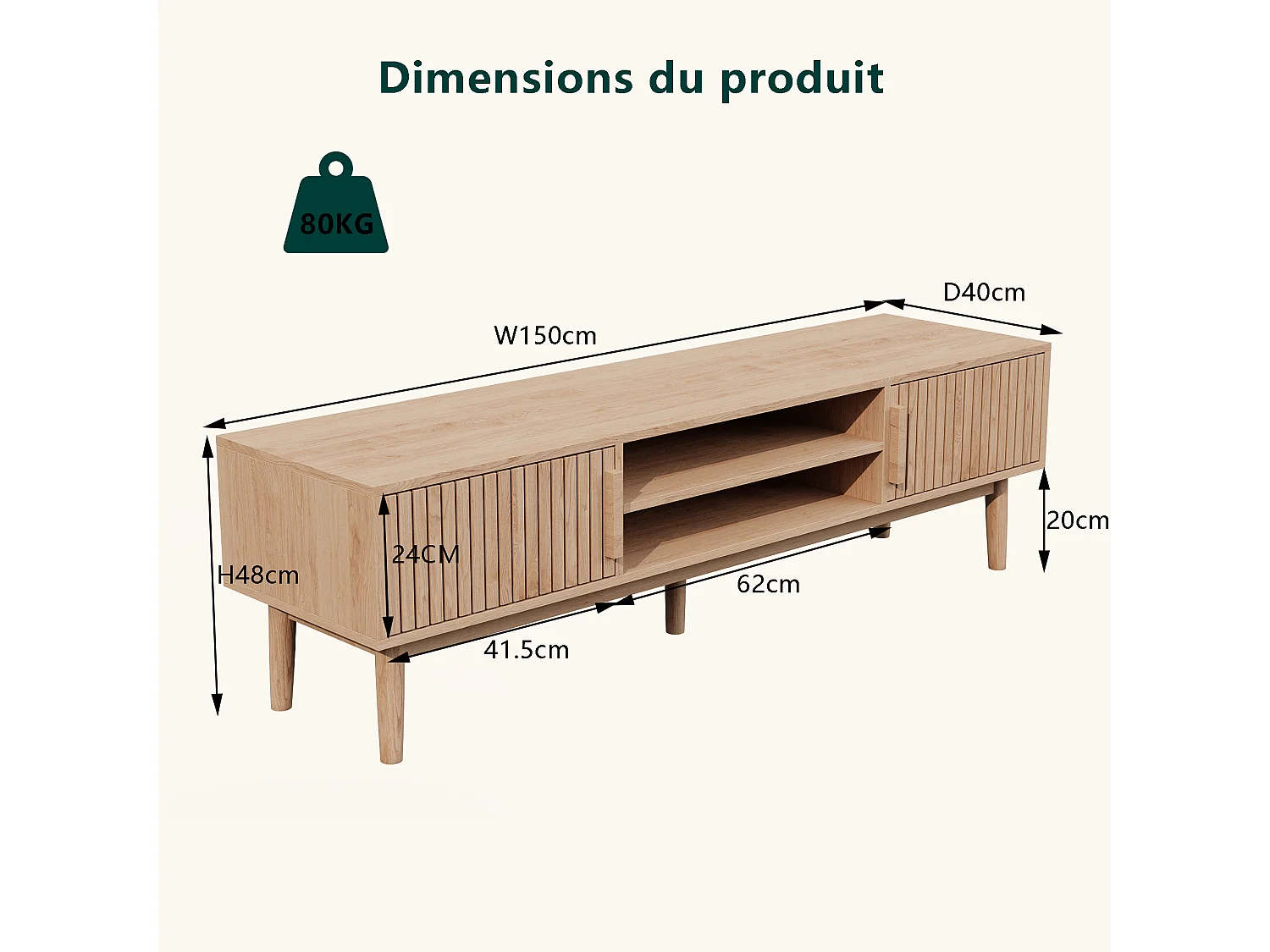 Meuble TV, Banc TV, avec 2 Portes, 120 cm, Meuble TV pour télévision jusqu'à 55-65 Pouces
