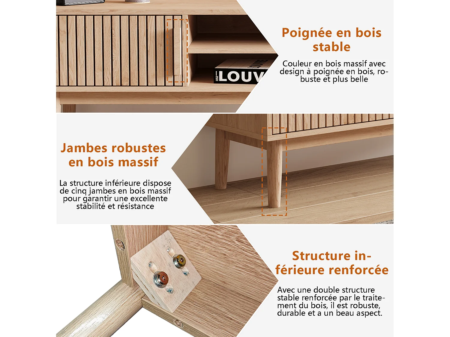 Meuble TV, Banc TV, avec 2 Portes, 120 cm, Meuble TV pour télévision jusqu'à 55-65 Pouces