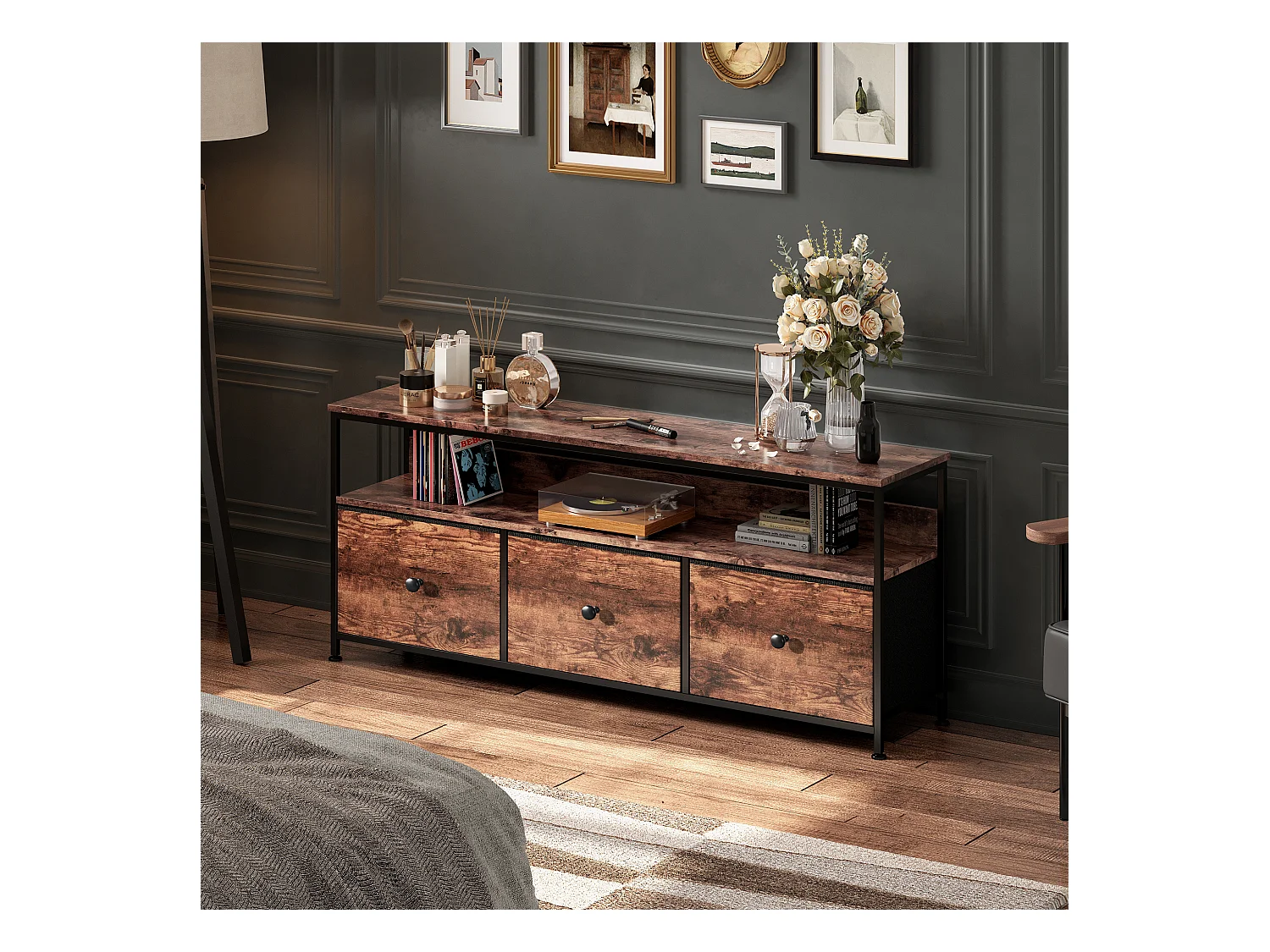 Meuble TV LED avec 3 Tiroirs, 137x30x57cm Banc TV Rétro Buffet, Tiroir Couleur Peau de Tigre