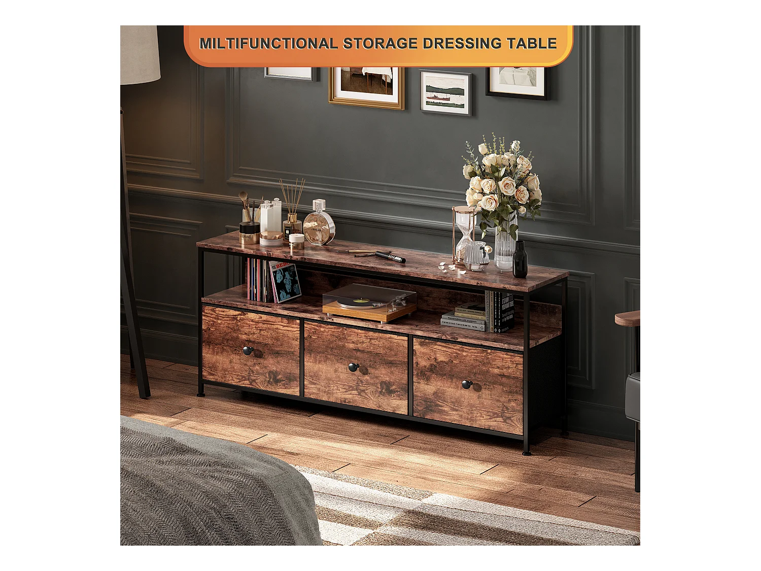 Meuble TV LED avec 3 Tiroirs, 137x30x57cm Banc TV Rétro Buffet, Tiroir Couleur Peau de Tigre