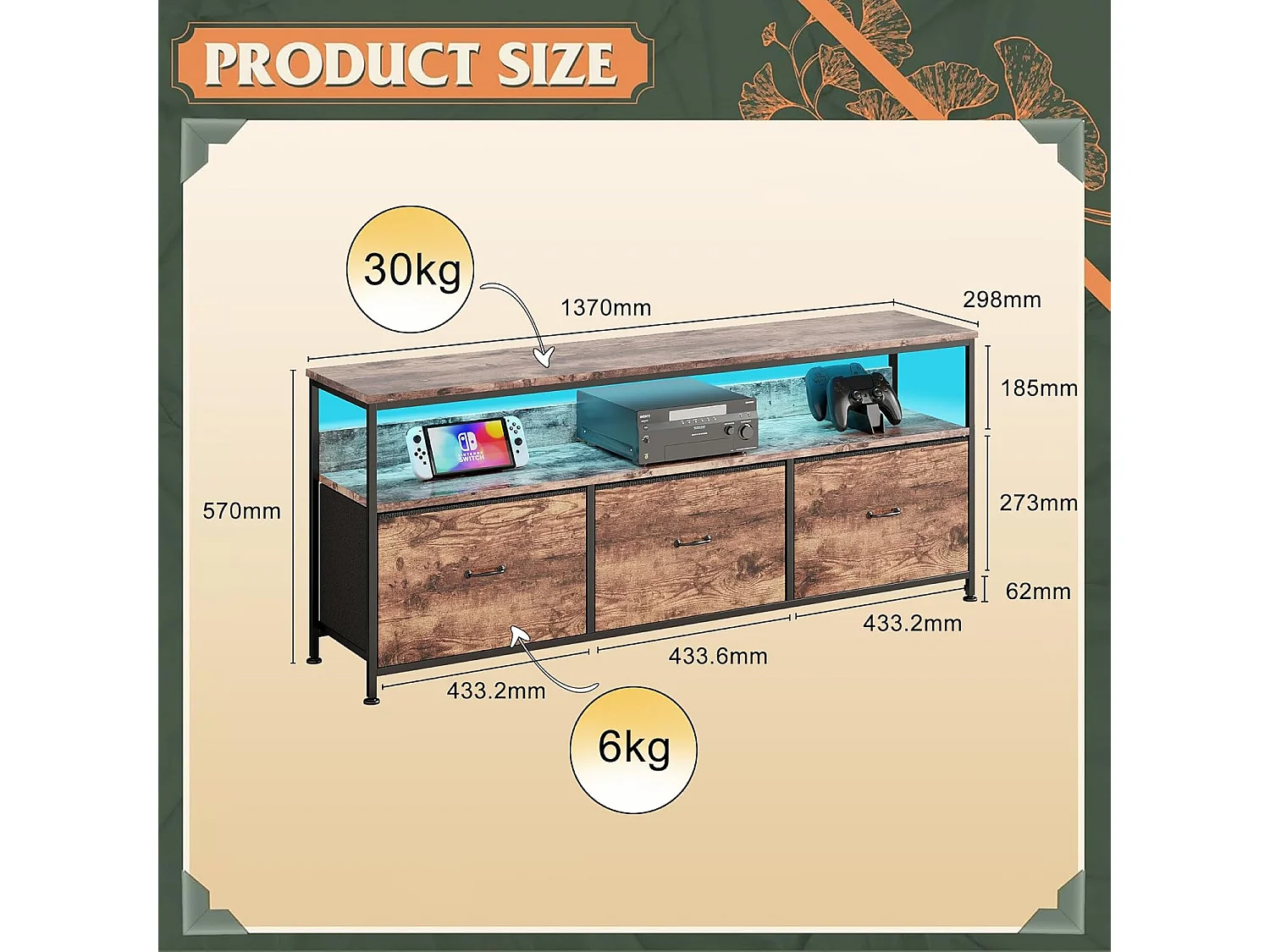 LED TV-meubel met 3 lades, 137x30x57cm Retro TV-meubel Dressoir, Lade in tijgerhuidkleur