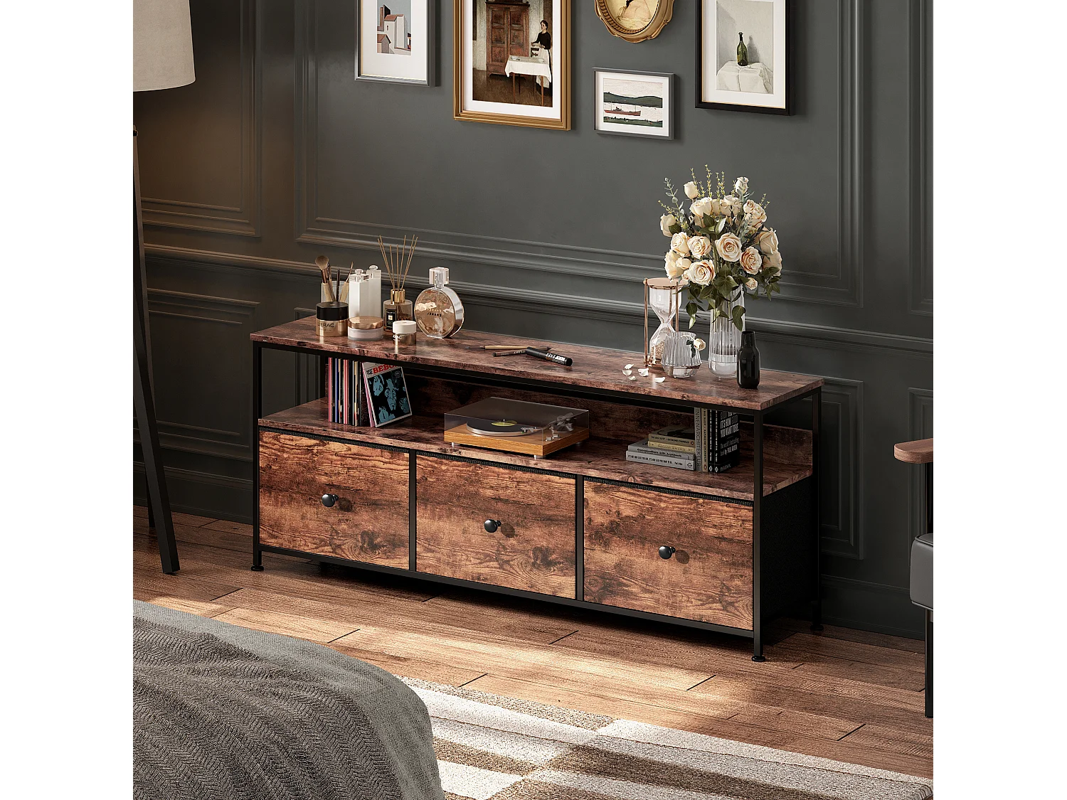 LED TV-meubel met 3 lades, 137x30x57cm Retro TV-meubel Dressoir, Lade in tijgerhuidkleur