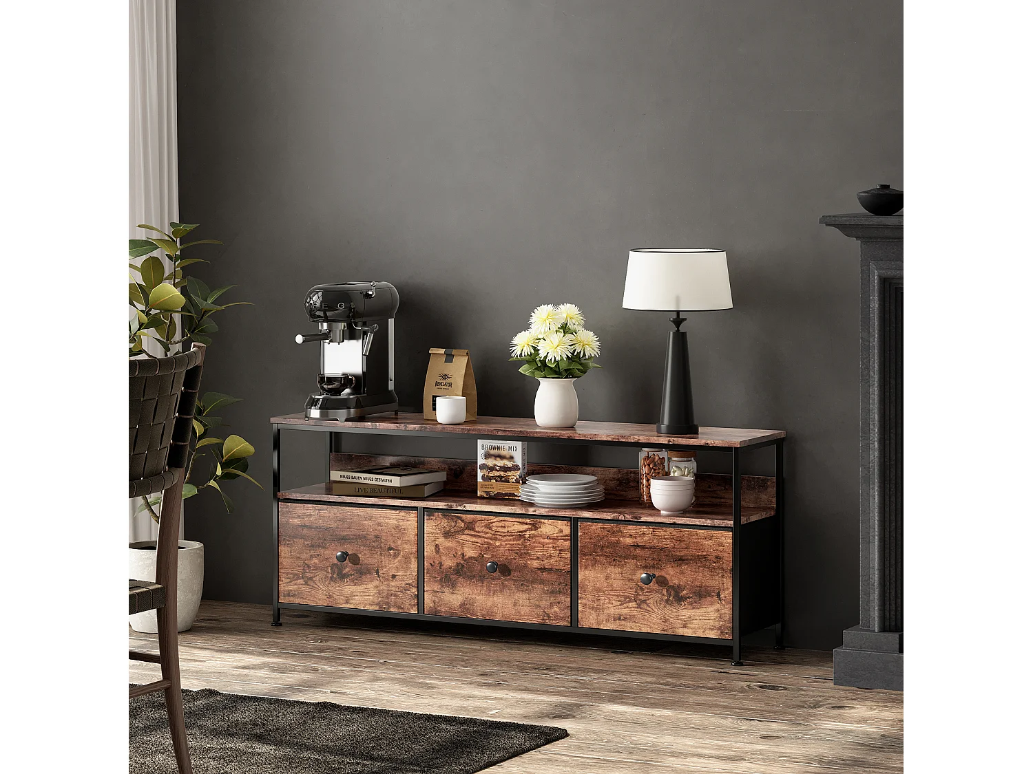 LED TV-meubel met 3 lades, 137x30x57cm Retro TV-meubel Dressoir, Lade in tijgerhuidkleur