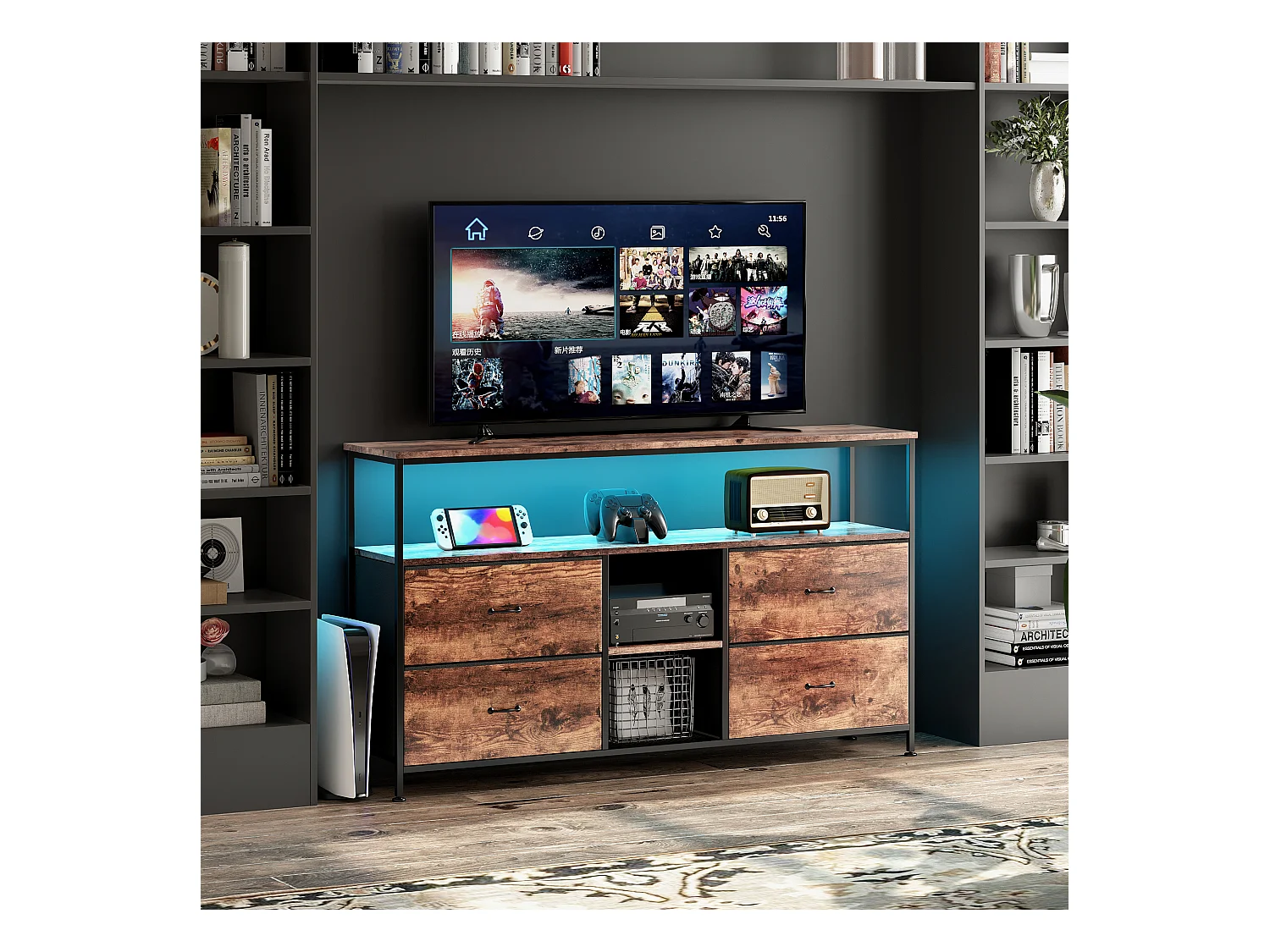 Meuble TV LED avec 4 Tiroirs, 108x30x78cm Banc TV Rétro Buffet, Tiroir Couleur Peau de Tigre
