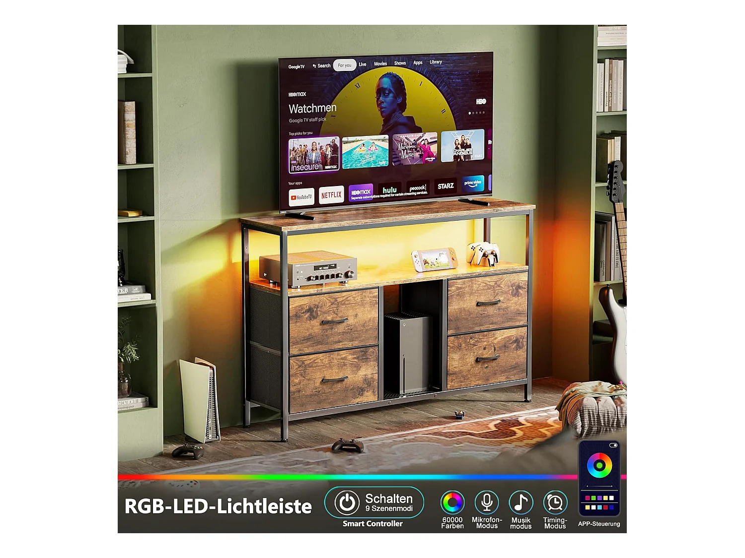 Meuble TV LED avec 4 Tiroirs, 108x30x78cm Banc TV Rétro Buffet, Tiroir Couleur Peau de Tigre