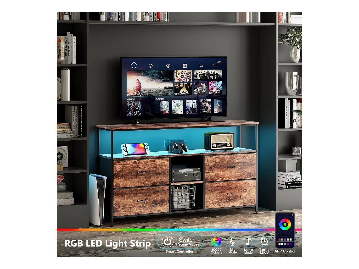 Meuble TV LED avec 4 Tiroirs, 108x30x78cm Banc TV Rétro Buffet, Tiroir Couleur Peau de Tigre