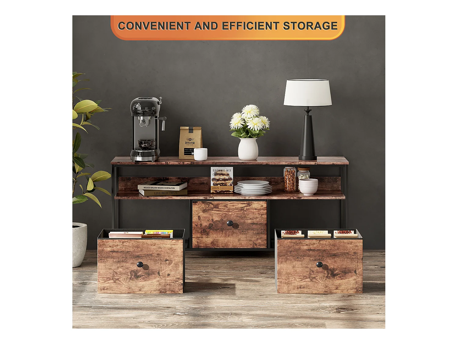 LED-TV-Schrank mit 3 Schubladen, 108 x 30 x 57 cm, Retro-TV-Bank-Sideboard, Schublade in Tigerhautfarbe