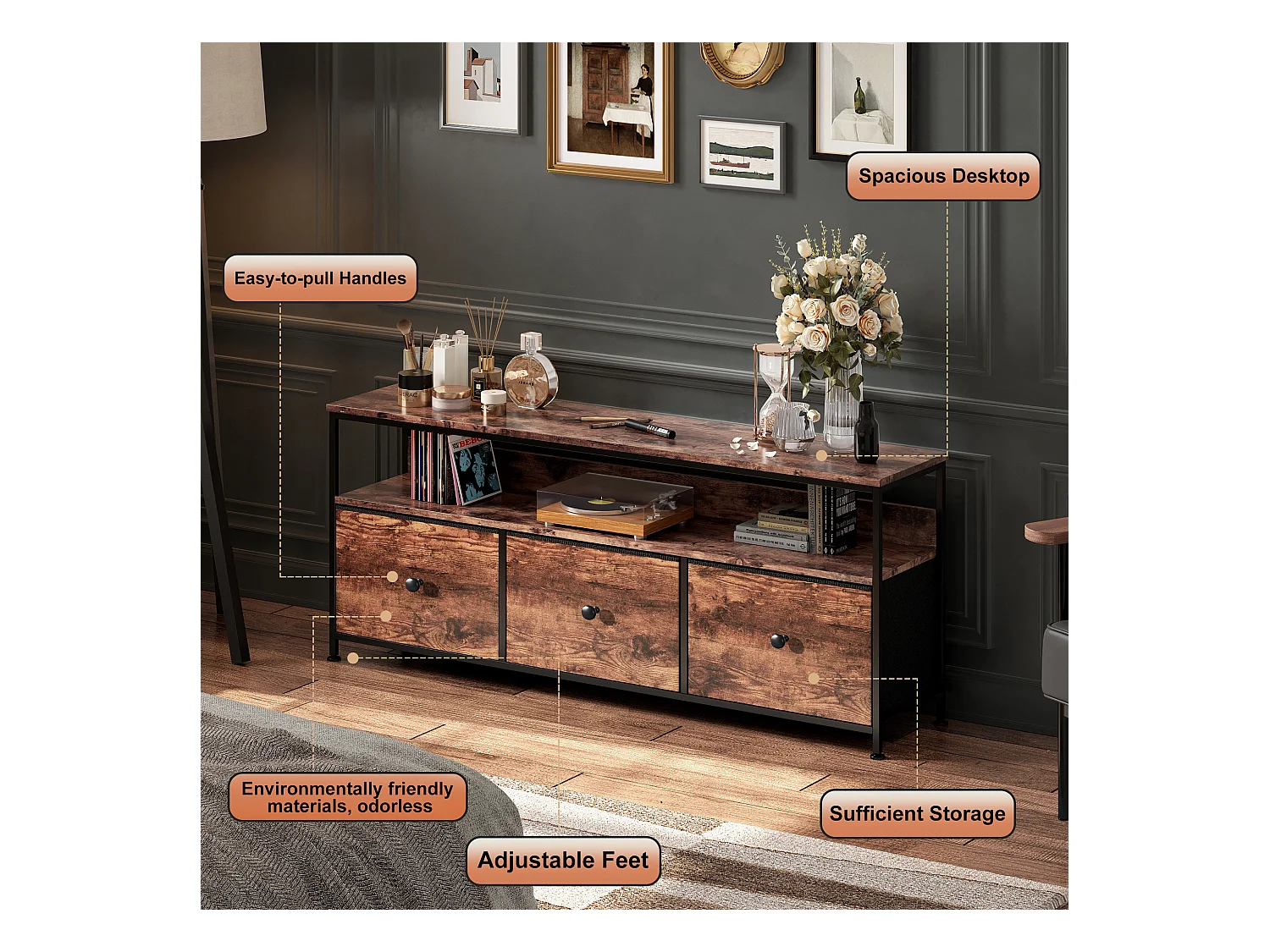 LED-TV-Schrank mit 3 Schubladen, 108 x 30 x 57 cm, Retro-TV-Bank-Sideboard, Schublade in Tigerhautfarbe