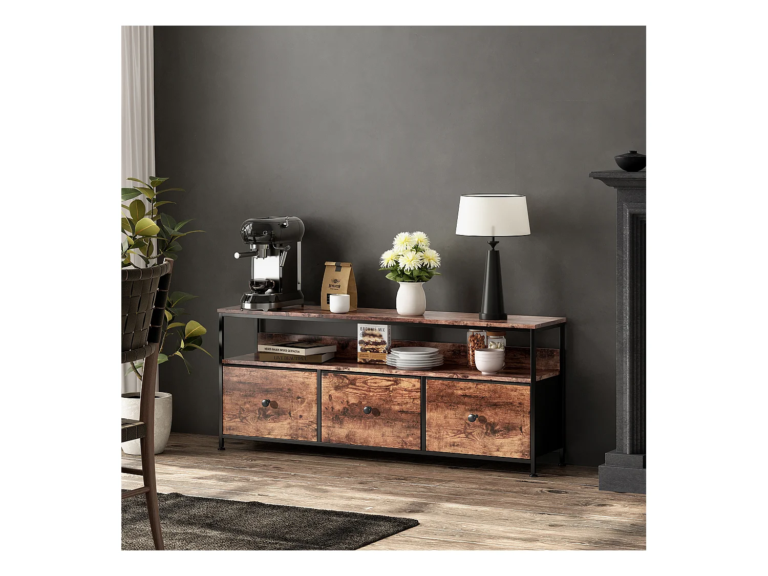 LED-TV-Schrank mit 3 Schubladen, 108 x 30 x 57 cm, Retro-TV-Bank-Sideboard, Schublade in Tigerhautfarbe