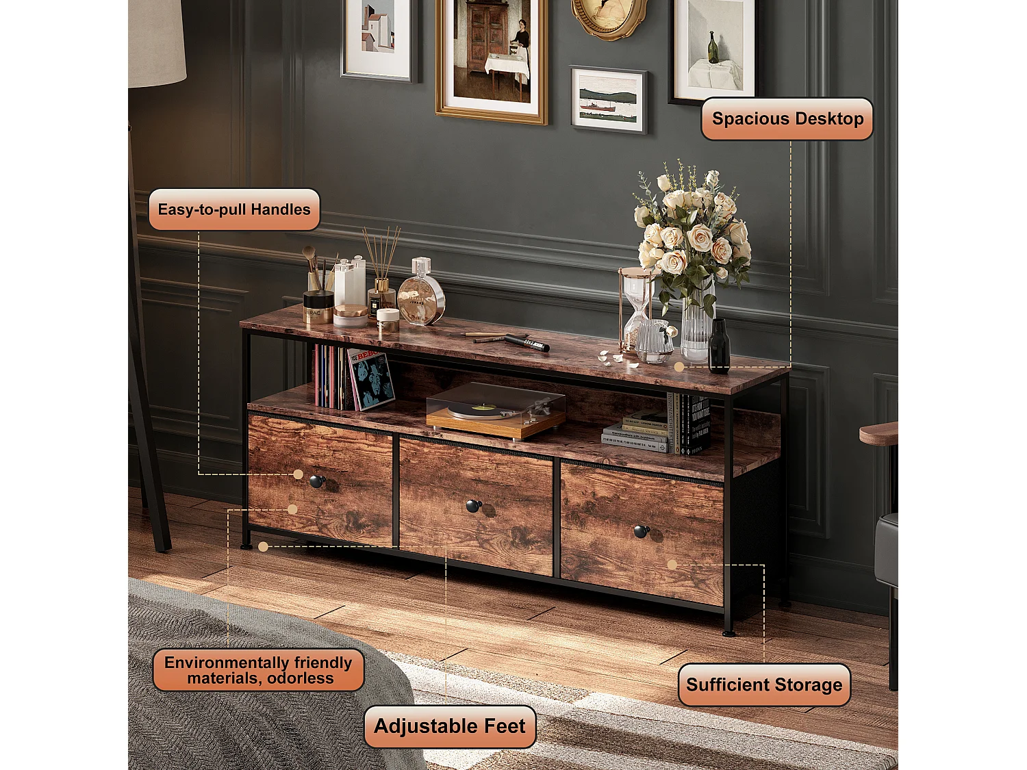 Meuble TV LED avec 3 Tiroirs, 108x30x57cm Banc TV Rétro Buffet, Tiroir Couleur Peau de Tigre