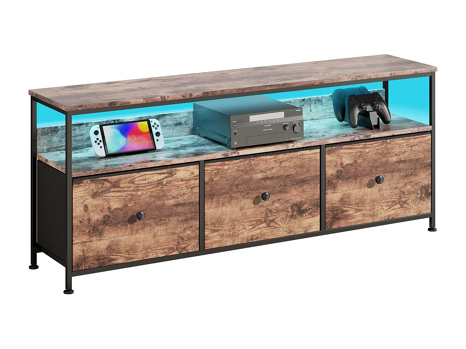Meuble TV LED avec 3 Tiroirs, 108x30x57cm Banc TV Rétro Buffet, Tiroir Couleur Peau de Tigre