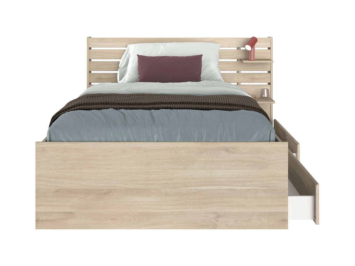 Cama 120 x 190 cm con almacenaje - Color: Natural + Somier - TENALIA