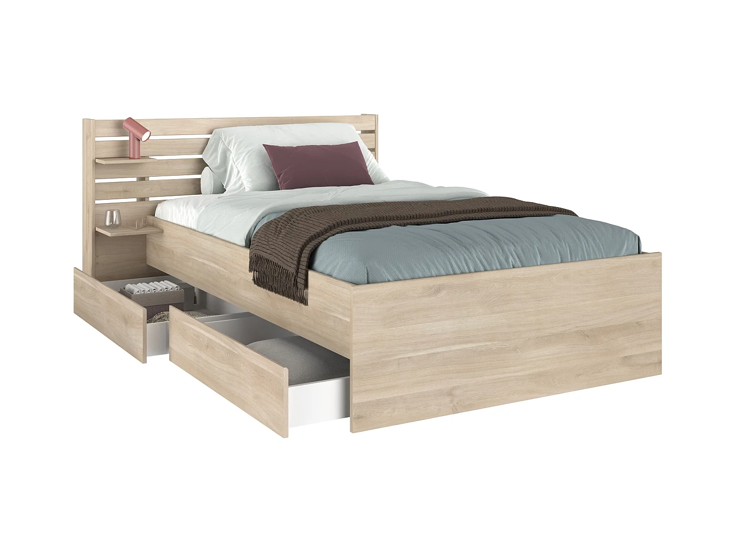 Cama 120 x 190 cm con almacenaje - Color: Natural + Somier - TENALIA