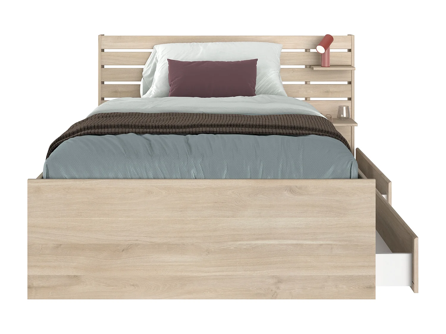 Lit 120 x 190 cm avec rangements - Coloris : Naturel + Sommier - TENALIA