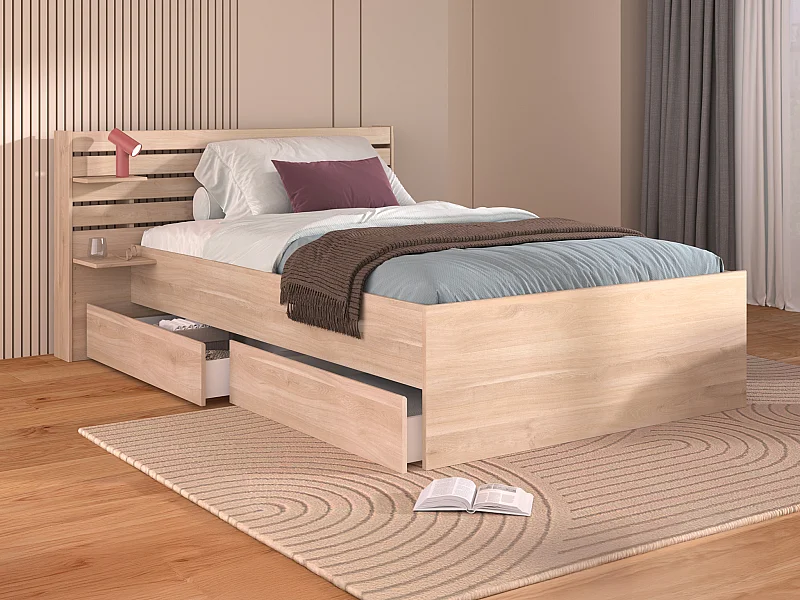 Lit 120 x 190 cm avec rangements - Coloris : Naturel + Sommier - TENALIA