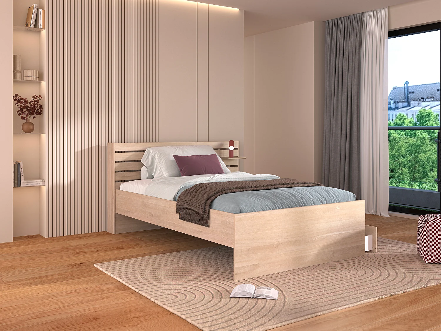 Lit 120 x 190 cm avec rangements - Coloris : Naturel + Sommier + Matelas - TENALIA