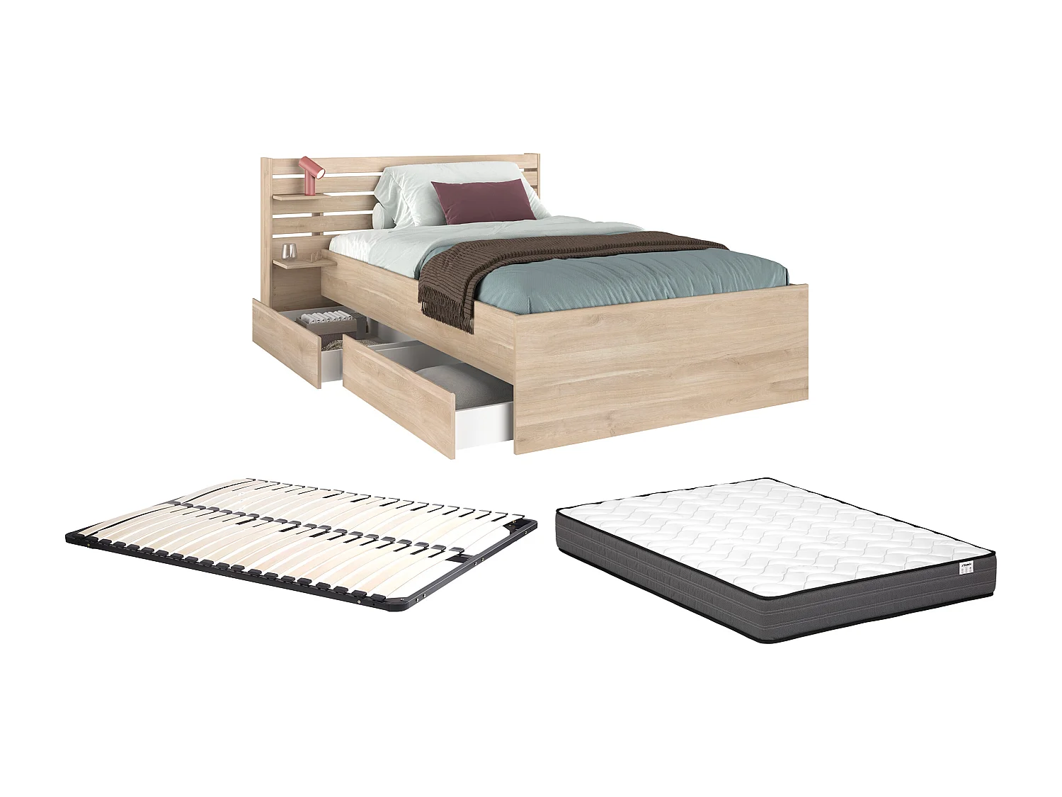 Lit 120 x 190 cm avec rangements - Coloris : Naturel + Sommier + Matelas - TENALIA