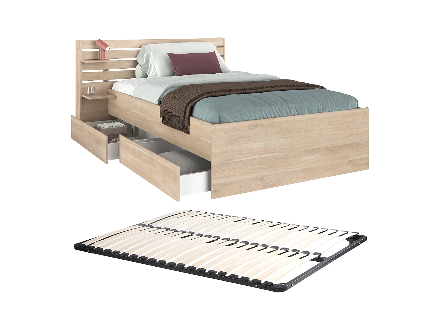 Cama 120 x 190 cm con 4 cajones - Color: Natural + Somier - TENALIA