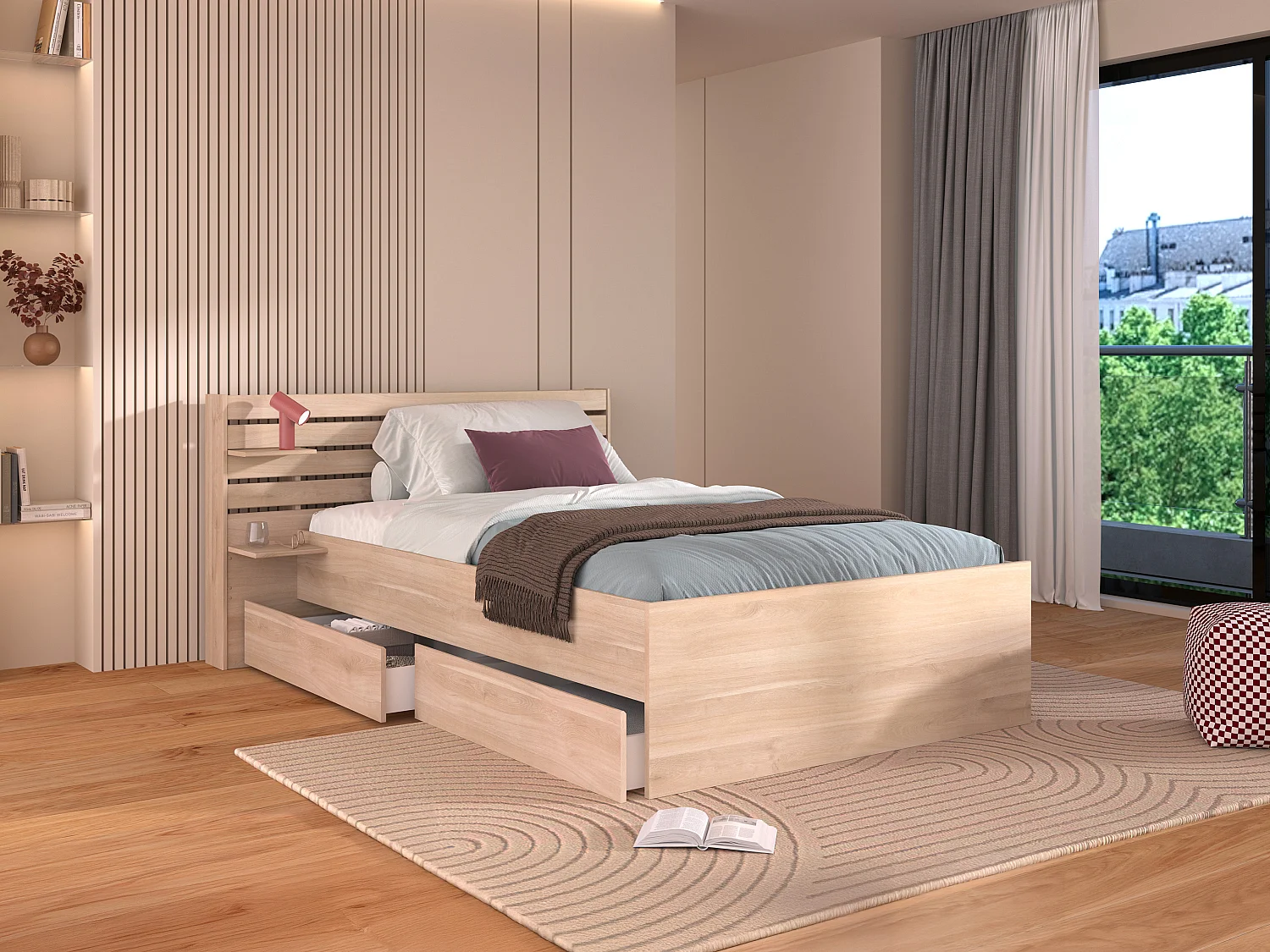 Lit 120 x 190 cm avec 4 tiroirs - Coloris : Naturel + Sommier - TENALIA