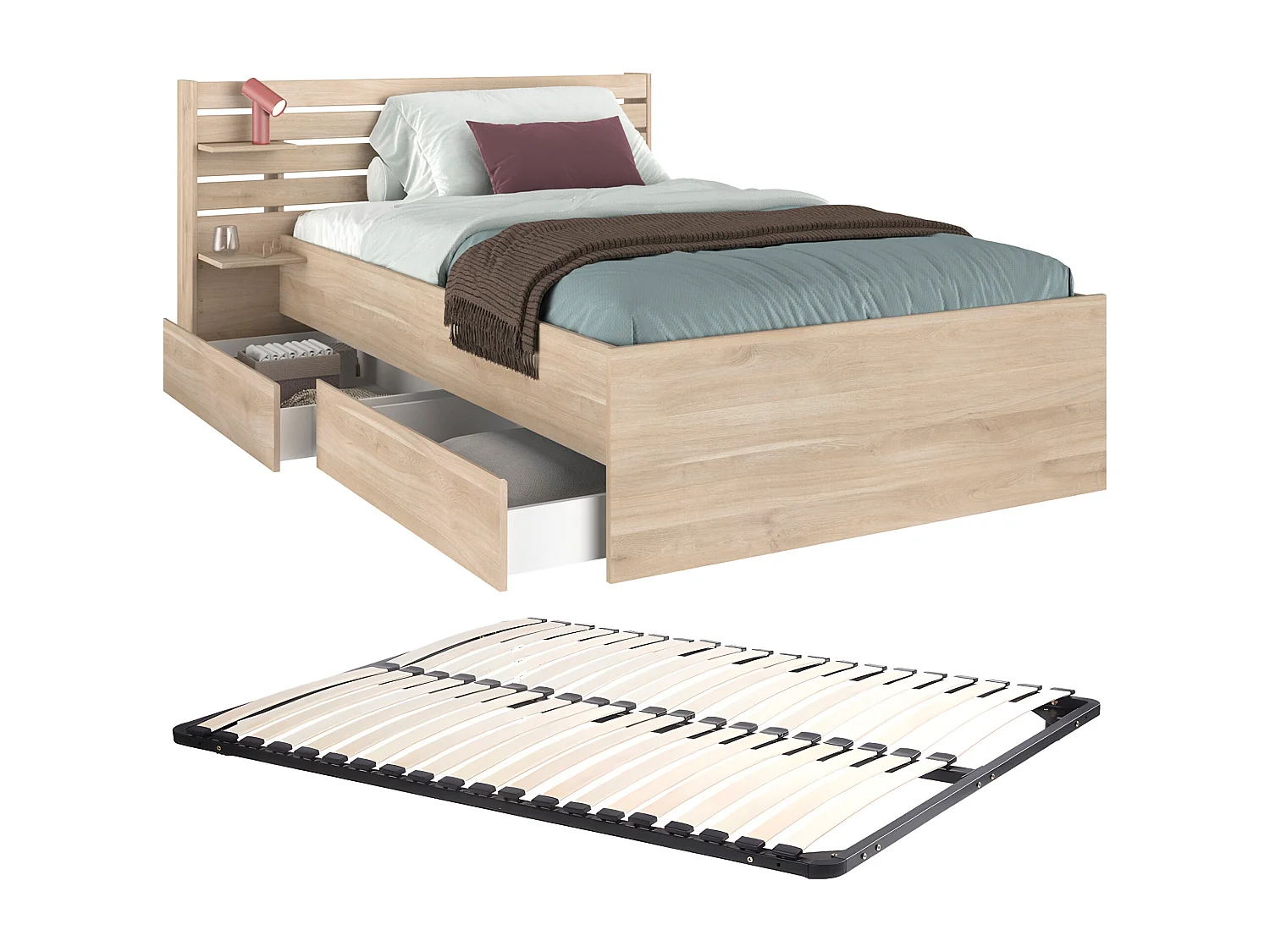 Lit 120 x 190 cm avec 4 tiroirs - Coloris : Naturel + Sommier - TENALIA