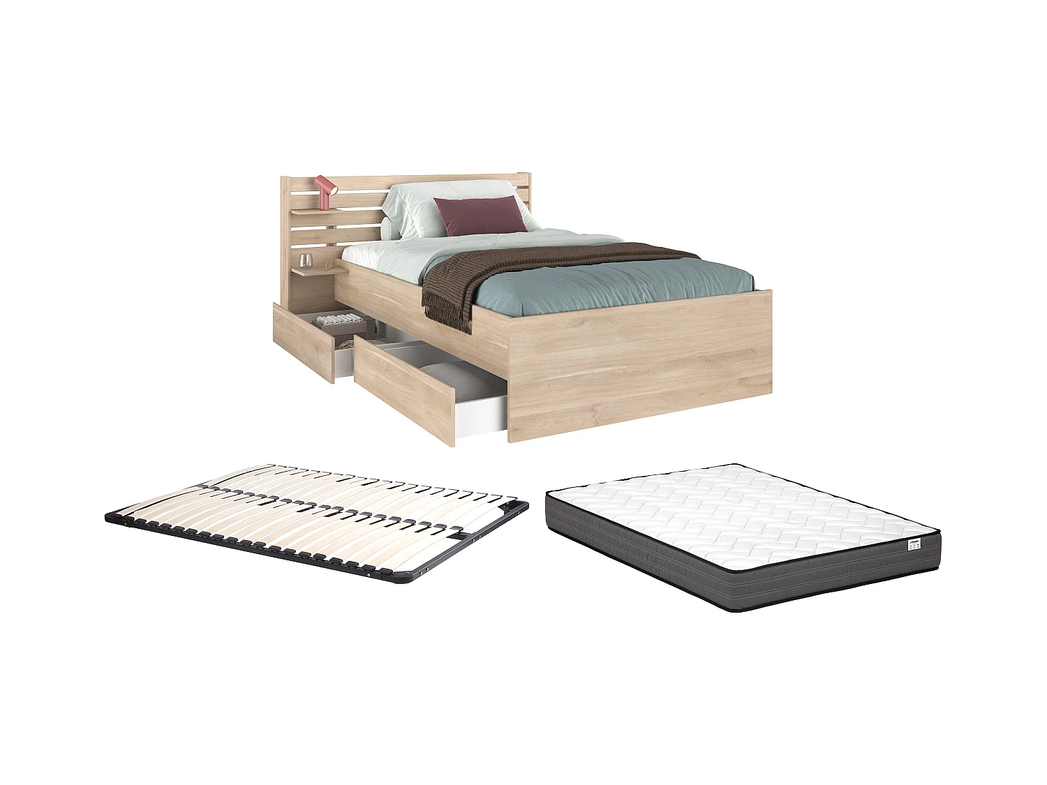 Bed met 4 lades + Lattenbodem + Matras 120 x 190 cm - Kleur: Naturel  - TENALIA