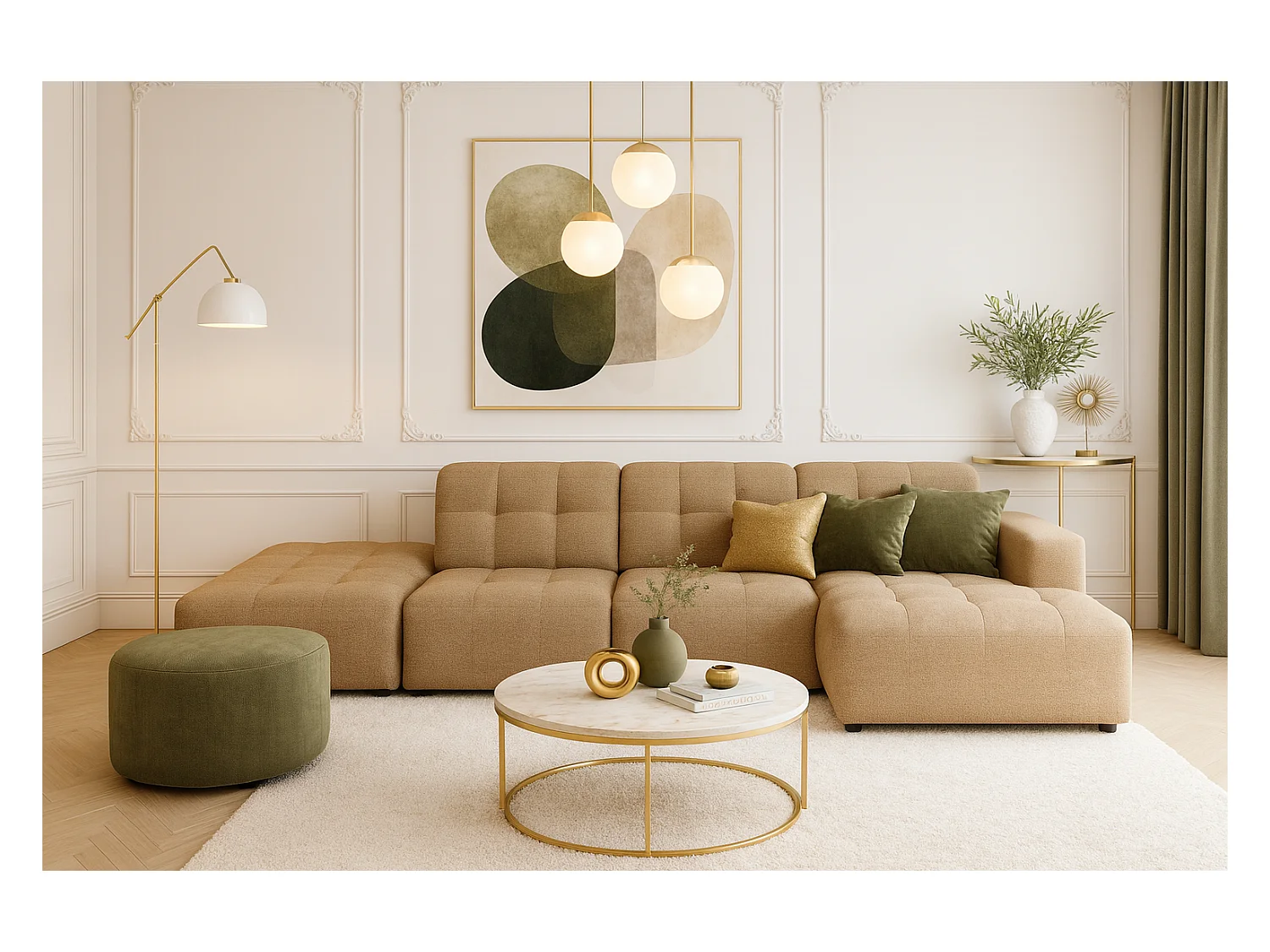 Canapé d’angle droit avec pouf Bergamo B– tissu Raven 34 marron clair, 341×166×70 cm