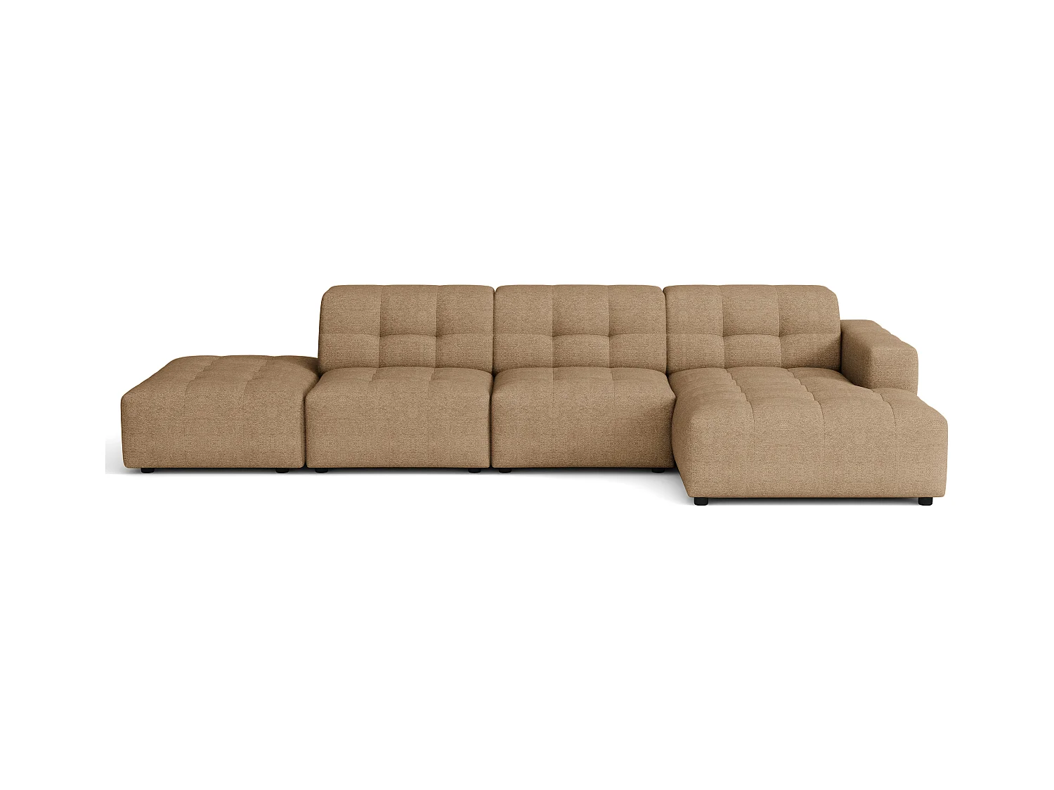 Ecksofa rechts mit Hocker/Pouf Bergamo B – Stoff Raven  34 hellbraun, 341×166×70 cm
