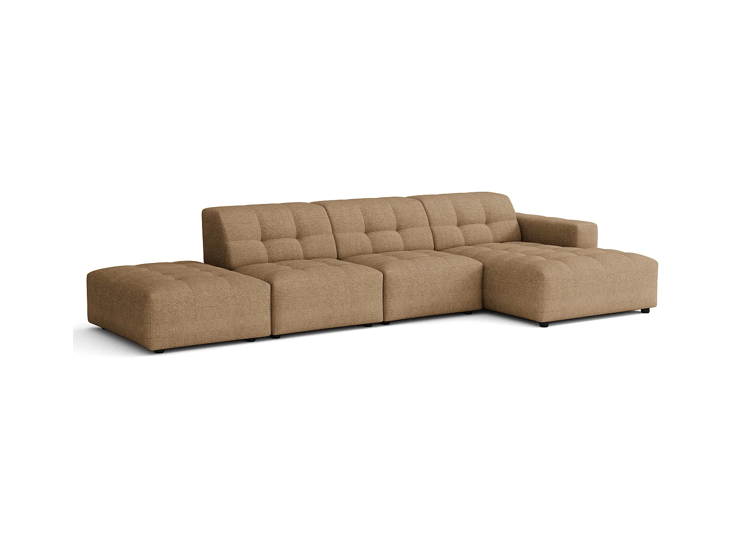 Ecksofa rechts mit Hocker/Pouf Bergamo B – Stoff Raven  34 hellbraun, 341×166×70 cm