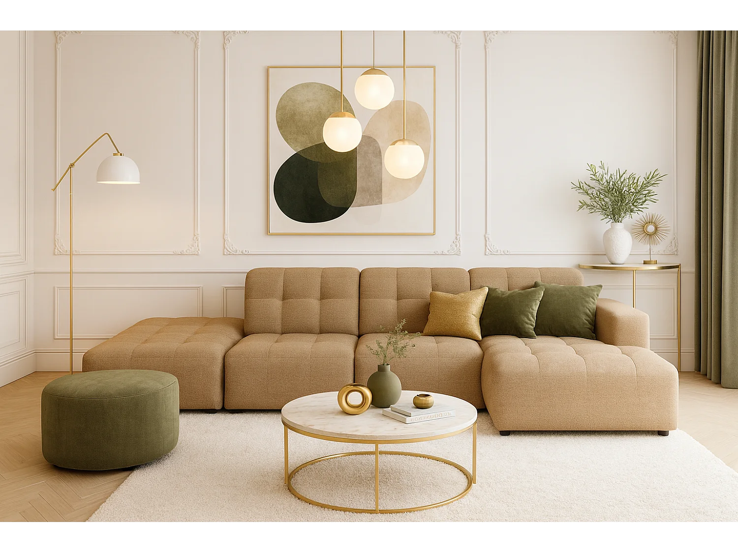 Hoekbank rechts met poef Bergamo B– stof Raven 34 lichtbruin, 341×166×70 cm