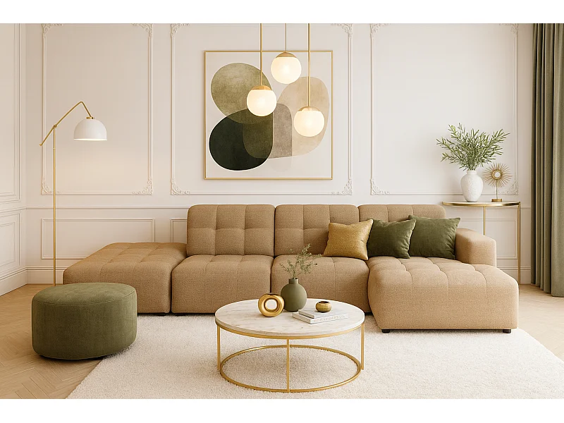 Hoekbank rechts met poef Bergamo B– stof Raven 34 lichtbruin, 341×166×70 cm