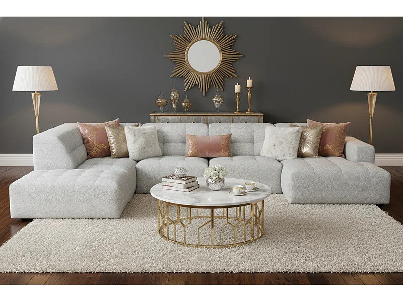 Ecksofa rechts mit Hocker/Pouf Bergamo C– Stoff Raven 6 hellgrau,364x262x70 cm