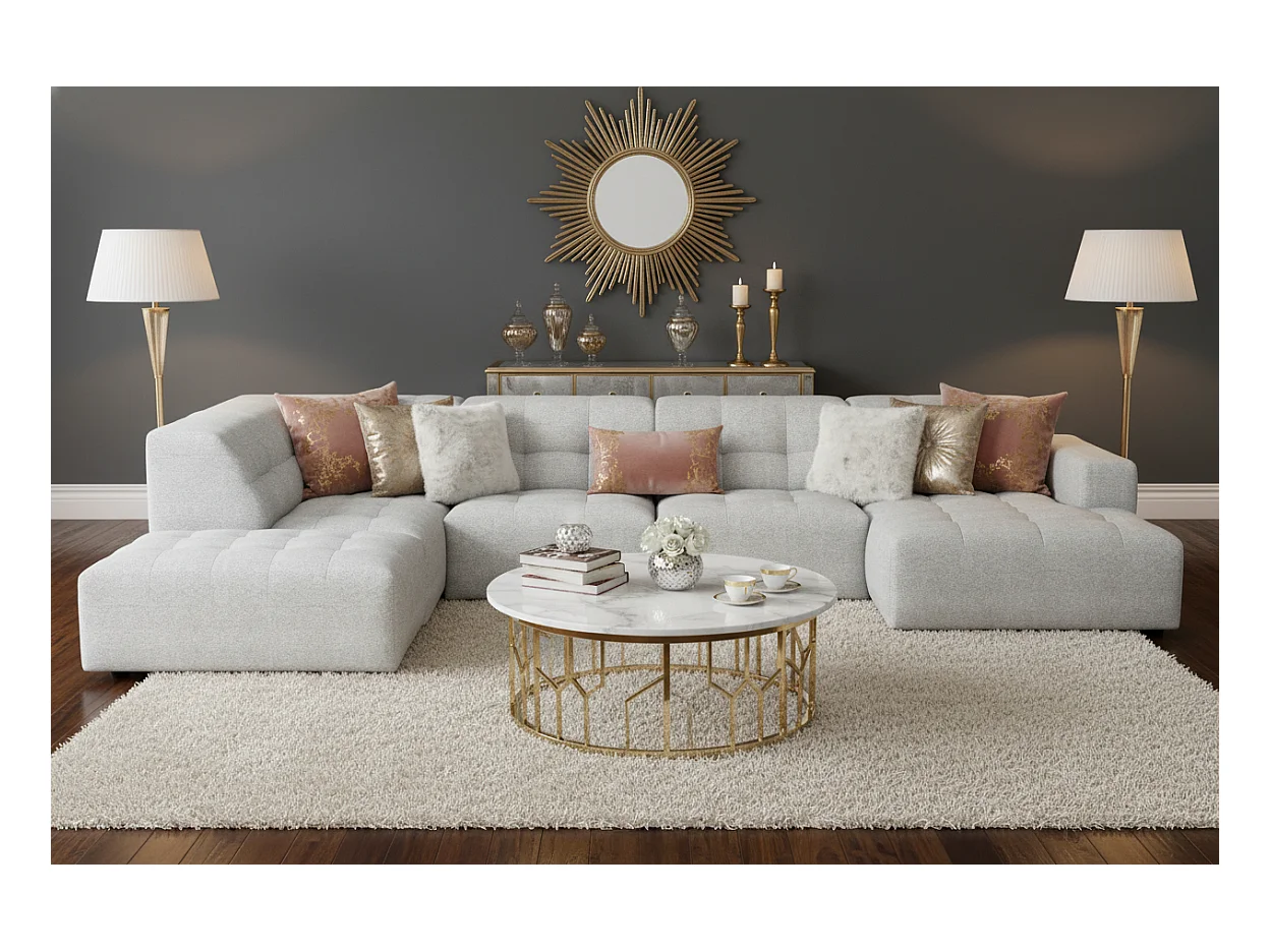 Canapé d’angle droit avec pouf Bergamo C– tissu Raven 6 gris clair,  364×262×70 cm