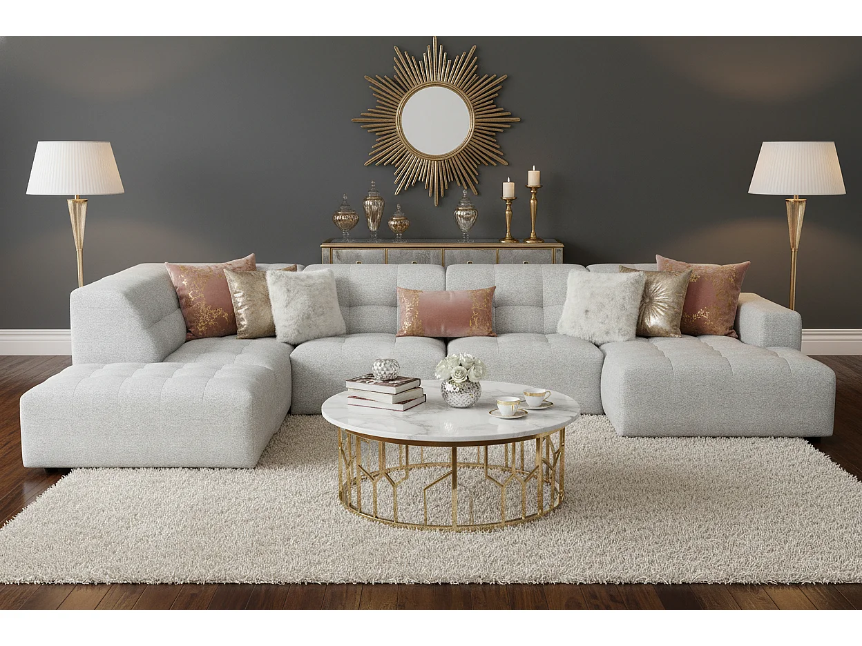 Canapé d’angle droit avec pouf Bergamo C– tissu Raven 6 gris clair,  364×262×70 cm