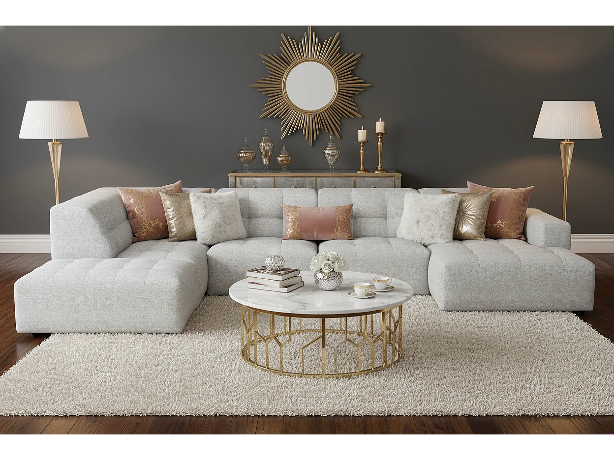 Hoekbank rechts met poef Bergamo C – stof Raven 6 lichtgrijs, 364x262x70 cm