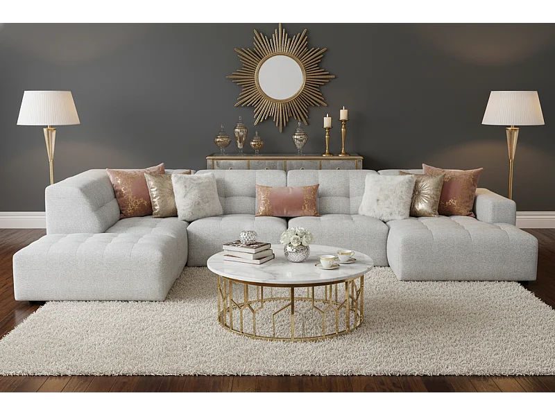 Narożnik z pufą prawostronny Bergamo C – tkanina Raven 6 jasnoszara,  364x262x70 cm