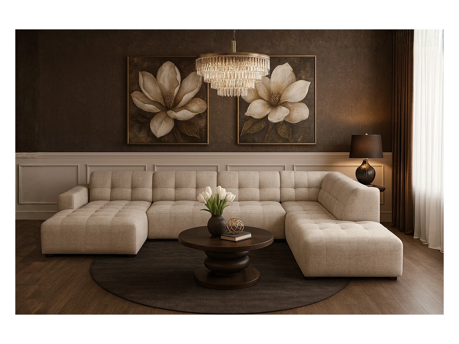 Canapé d’angle gauche avec pouf Bergamo C– tissu Raven 24 crème,  364×262×70 cm