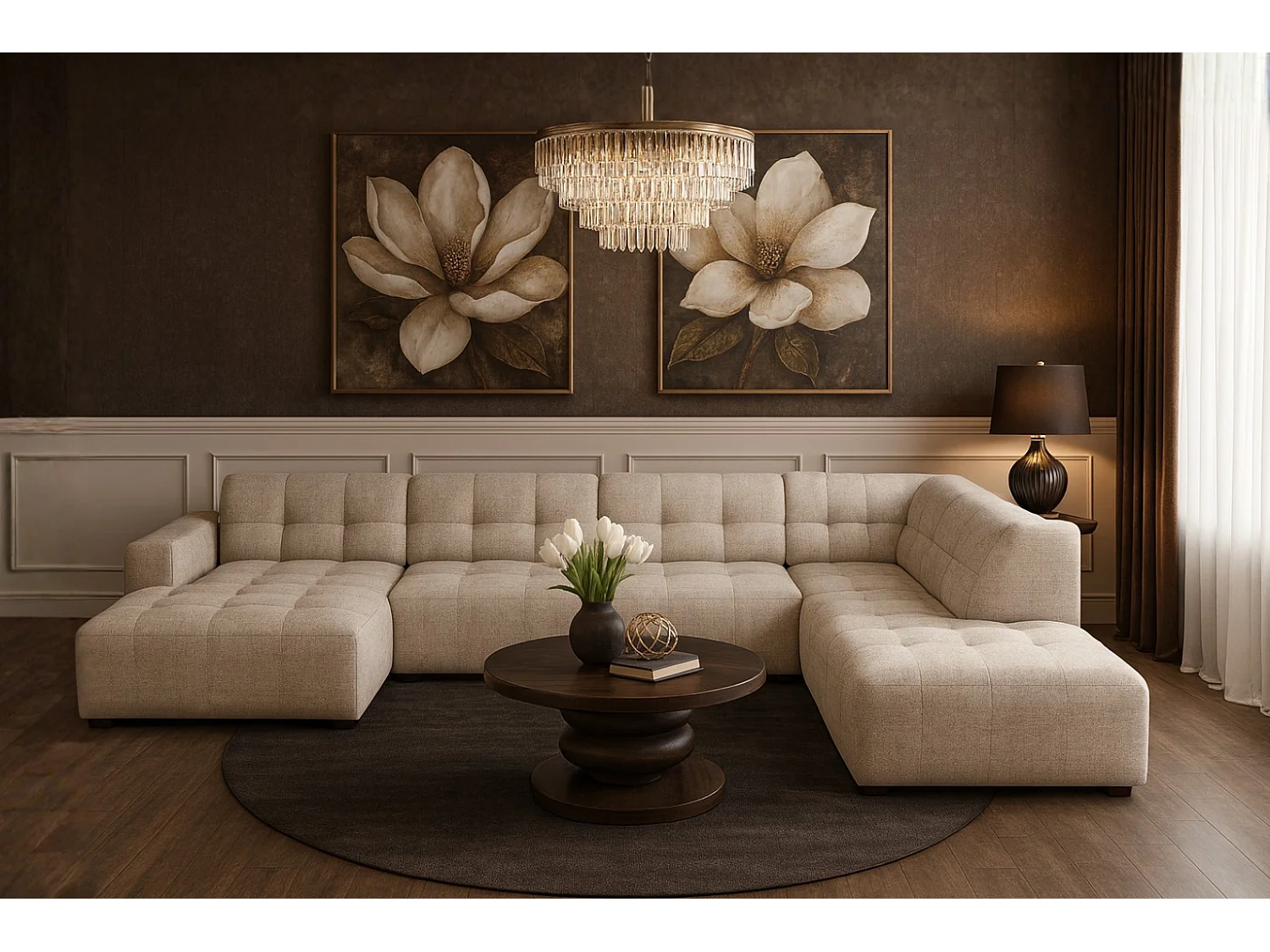 Canapé d’angle gauche avec pouf Bergamo C– tissu Raven 24 crème,  364×262×70 cm