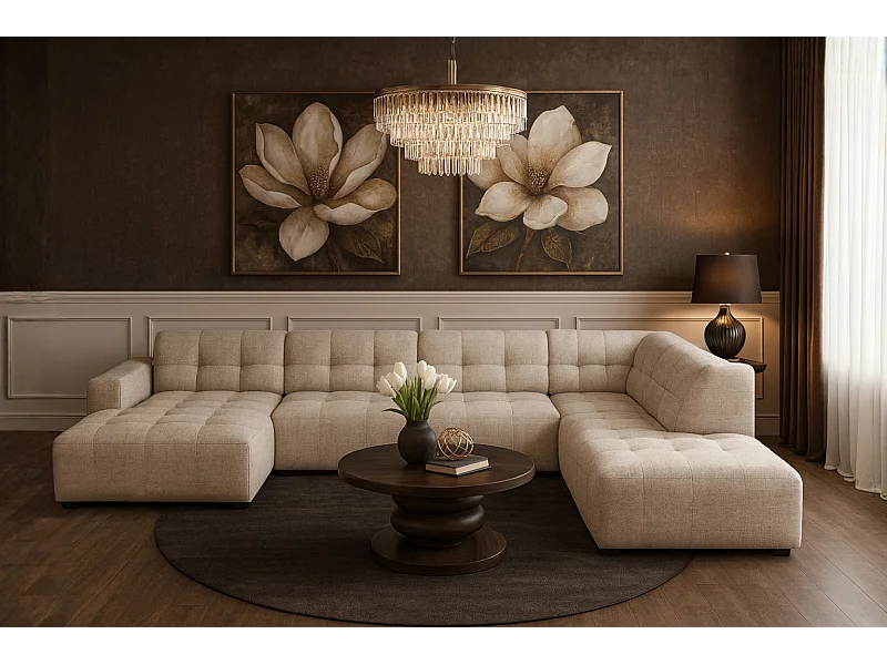 Narożnik z pufą lewostronny Bergamo C  – tkanina Raven  24 kremowa,  364x262x70 cm