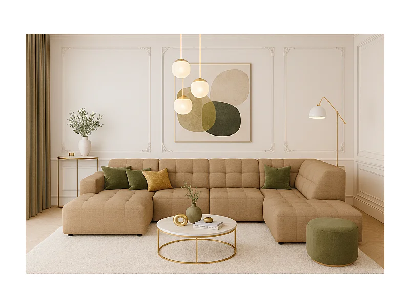 Ecksofa links mit Hocker/Pouf Bergamo C– Stoff Raven  34 hellbraun, 364x262x70 cm