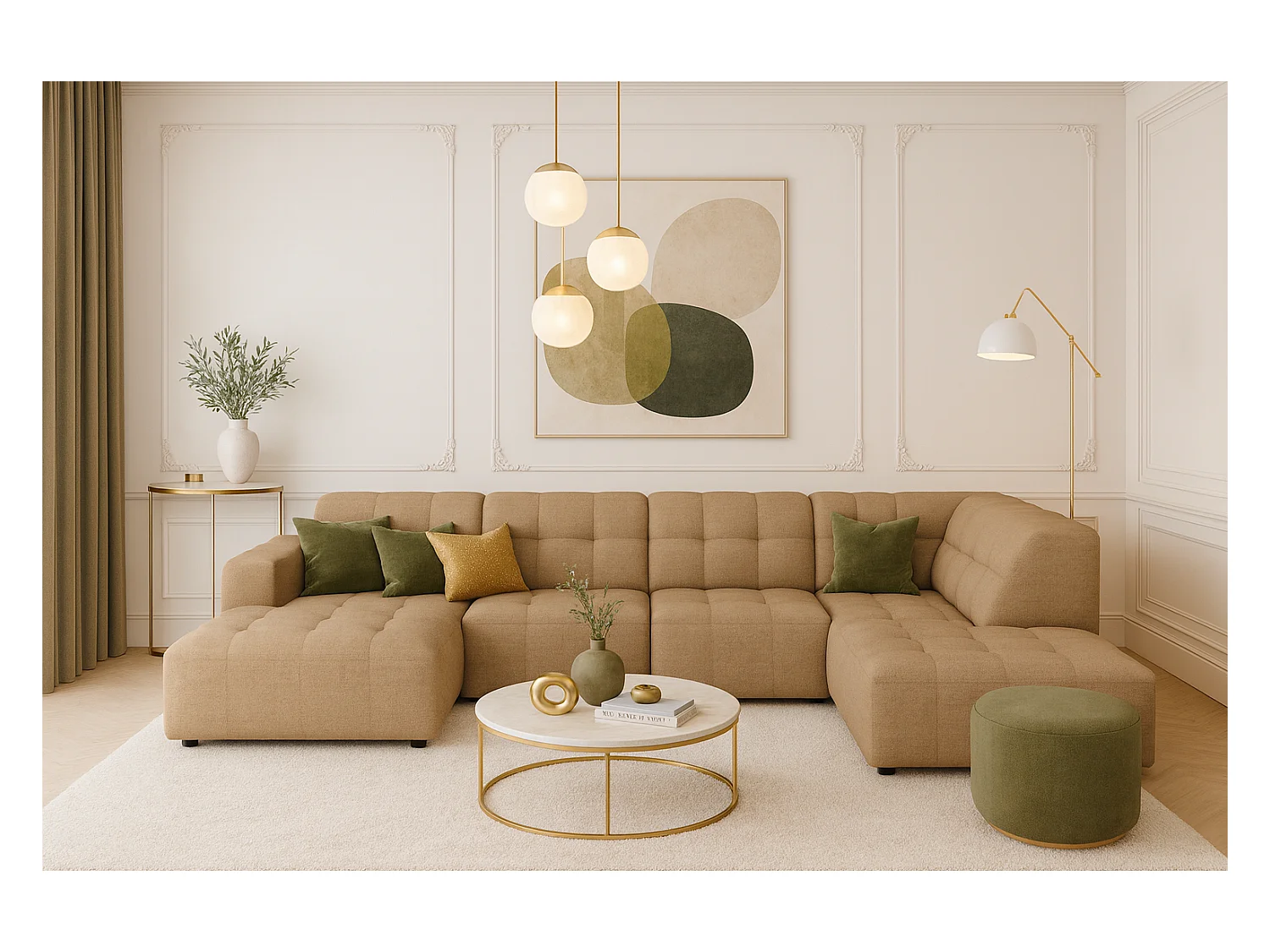 Canapé d’angle gauche avec pouf Bergamo C– tissu Raven 34 marron clair, 364×262×70 cm