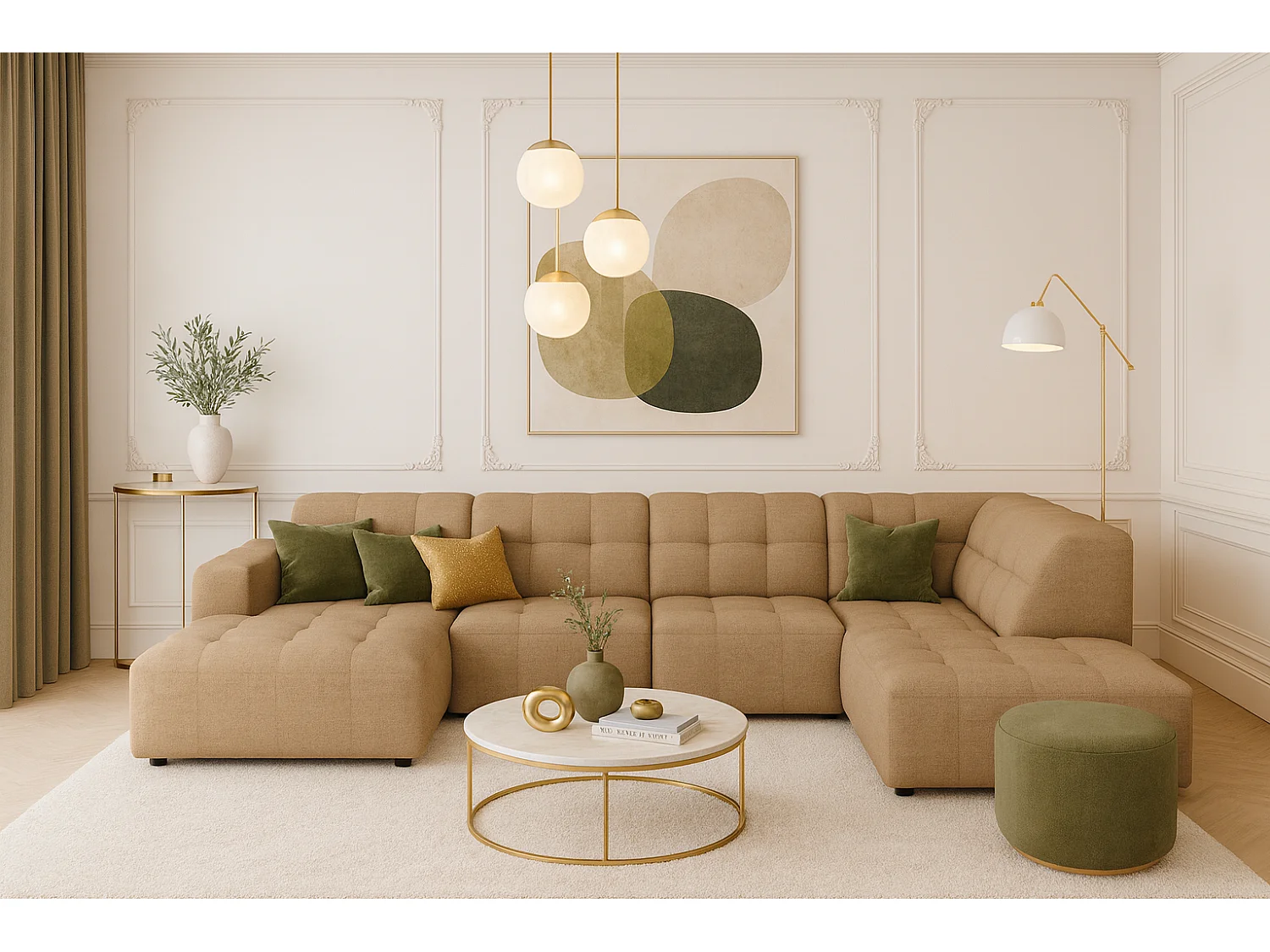 Canapé d’angle gauche avec pouf Bergamo C– tissu Raven 34 marron clair, 364×262×70 cm