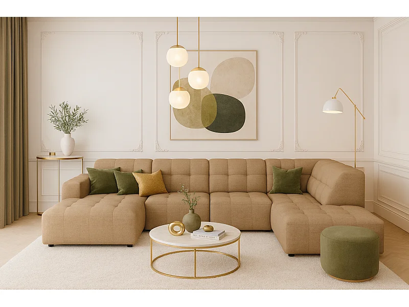 Canapé d’angle gauche avec pouf Bergamo C– tissu Raven 34 marron clair, 364×262×70 cm