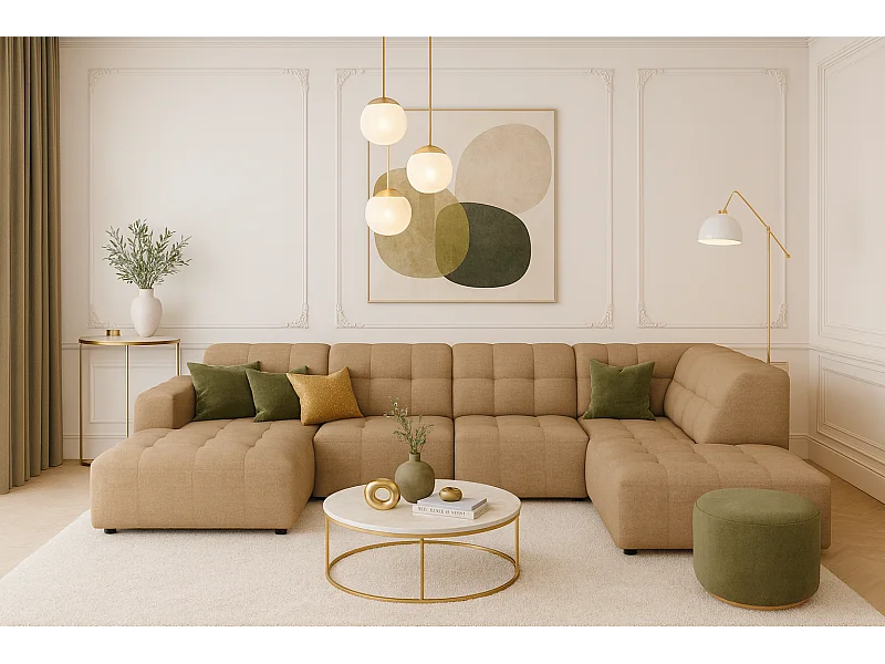 Hoekbank links met poef Bergamo C– stof Raven 34 lichtbruin, 364x262x70 cm