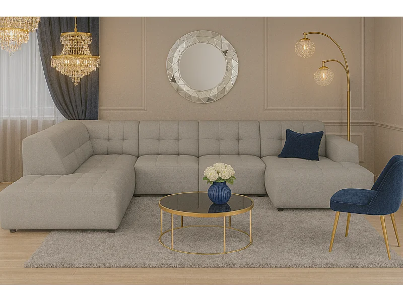 Ecksofa rechts mit Hocker/Pouf Bergamo C– Stoff Raven 7 grau, 364x262x70 cm