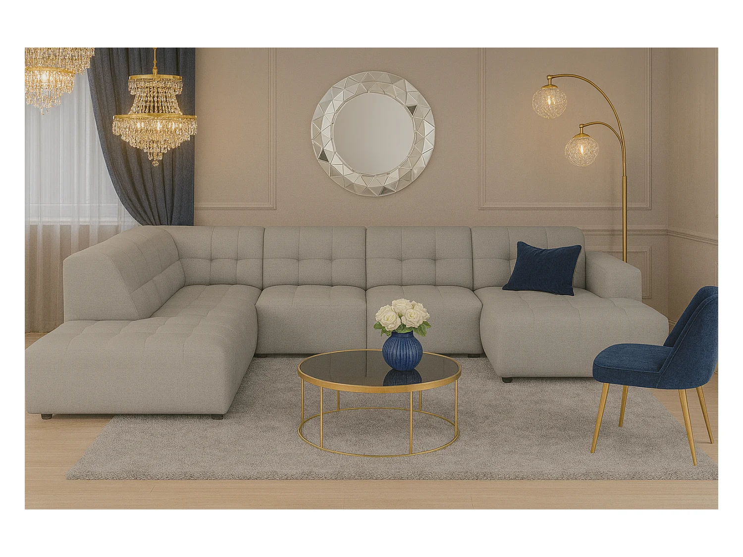 Ecksofa rechts mit Hocker/Pouf Bergamo C– Stoff Raven 7 grau, 364x262x70 cm