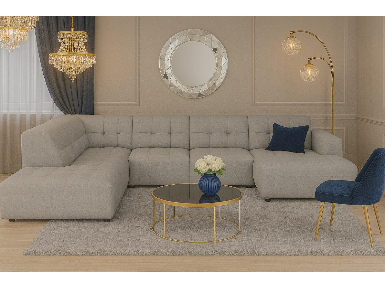 Canapé d’angle droit avec pou Bergamo C – tissu Raven 7 gris, 364×262×70 cm