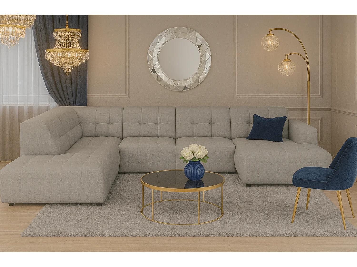 Hoekbank rechts met poef Bergamo C– stof Raven 7 grijs, 364x262x70 cm