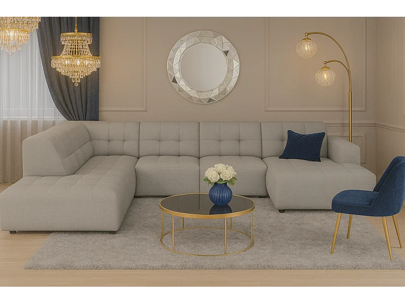 Canapé d’angle droit avec pou Bergamo C – tissu Raven 7 gris, 364×262×70 cm